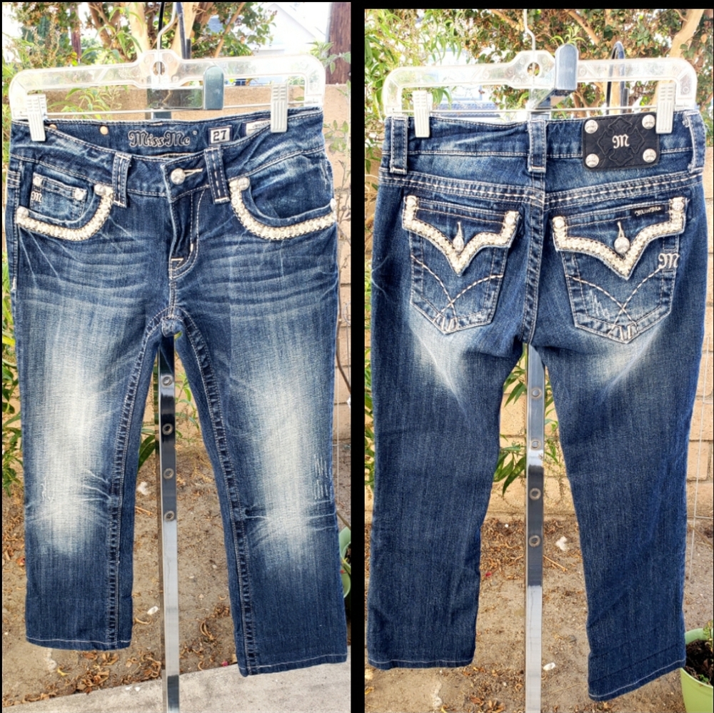 27 women MISS ME JW6066B bootcut blue jean rhinestones SHORT ( 26" INSEAM )